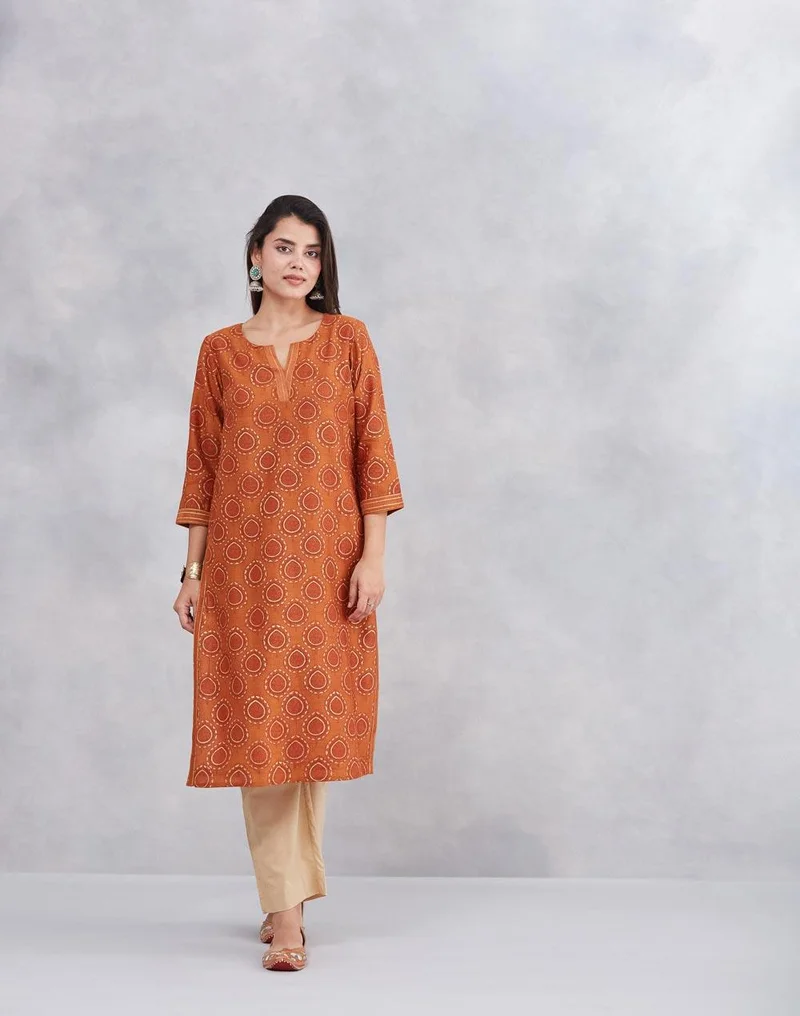 Fabindia Orange Cotton Silk Hand Block Printed Long Kurta