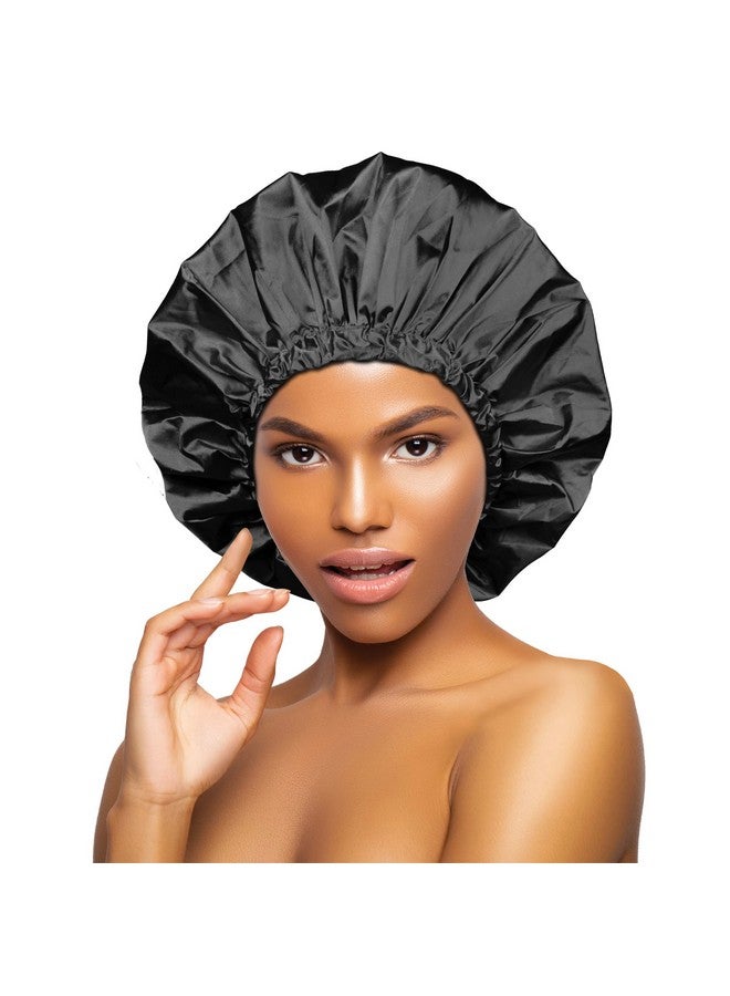 Donna Shower & Conditioning Silky Satin Cap Waterproof Bath Caps Plastic Reusable Shower Caps Elastic Band Bath Hair Hat Stocking Stuffers For Women Midnight L-Xl - Image 1