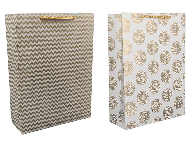 TASCHE TASCHE Gold Waves and Gold Chakras Design Printed Assorted Gift Paper Bags Gift Bags for Return gifts and Birthday Holliday presents 11 8 3 Inches Pack of 10 