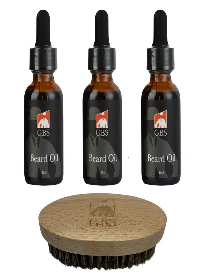 G.B.S Beard Oil, 30ml, Set of 3 Bottles with Wooden Boar Bristle Beard Brush - Image 1
