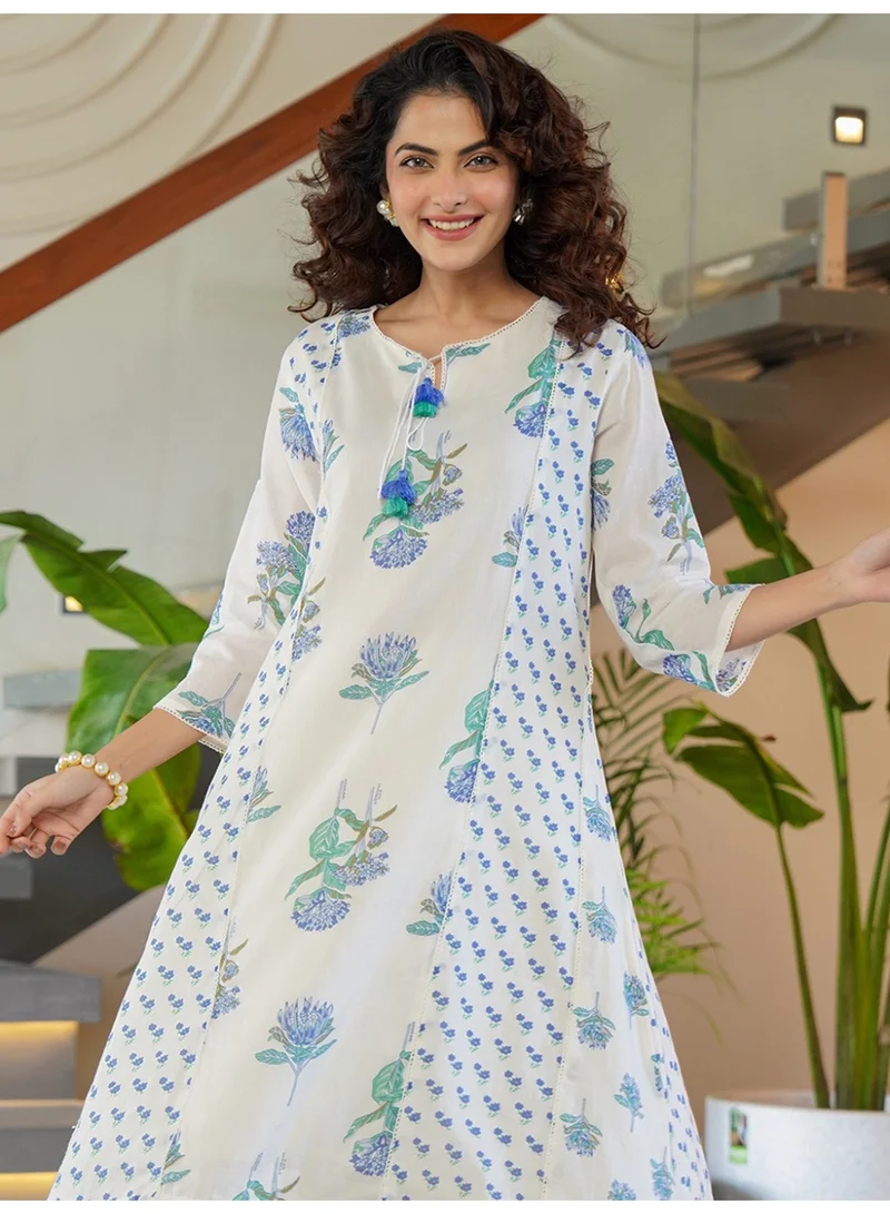 Ameya  white-printed-a-line-kurta-trousers-set-1 for Women | Best Price UAE