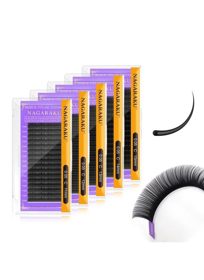 NAGARAKU 5 Trays Eyelash Extensions Individual Lashes 0.05mm C curl 11/12/13/14/15mm in 1 pack Classic Soft Natural Professional Faux Mink 16 rows  - Image 1