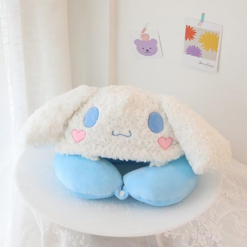 Cartoon Cute Rose Velvet Hooded U-Shaped Travel Pillow Big eared dog rose velvet hooded U pillow