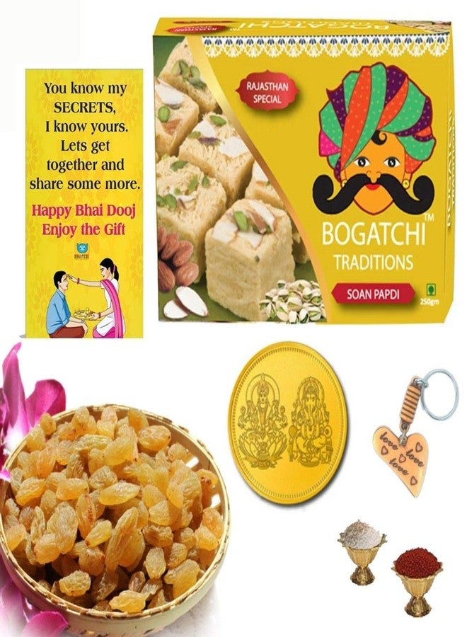 BOGATCHI Bhai Dooj Gift Traditinal Soan Papdi, 250g, with Afghani Natural Raisins , 100g + Free Bhai Dooj Greeting Card + Roli Chawal + Ganesha Key Chain
