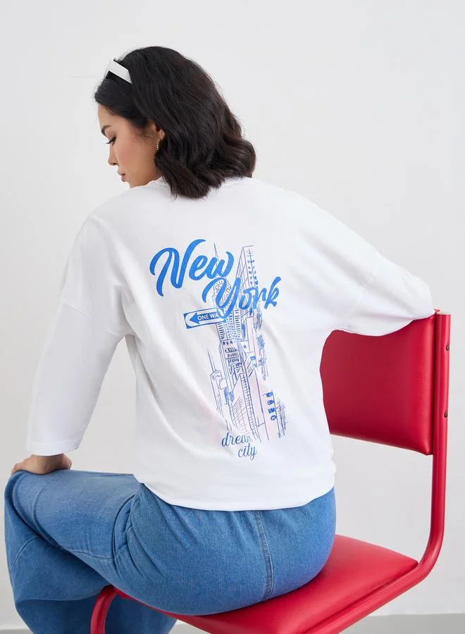 Styli Styli Slogan Print Exaggerated Shoulder T-Shirt