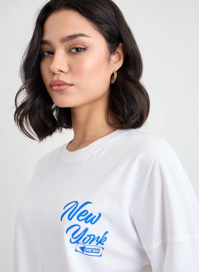 Styli Styli Slogan Print Exaggerated Shoulder T-Shirt