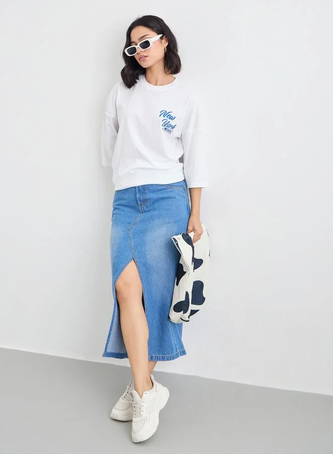 ستايلي Styli Slogan Print Exaggerated Shoulder T-Shirt