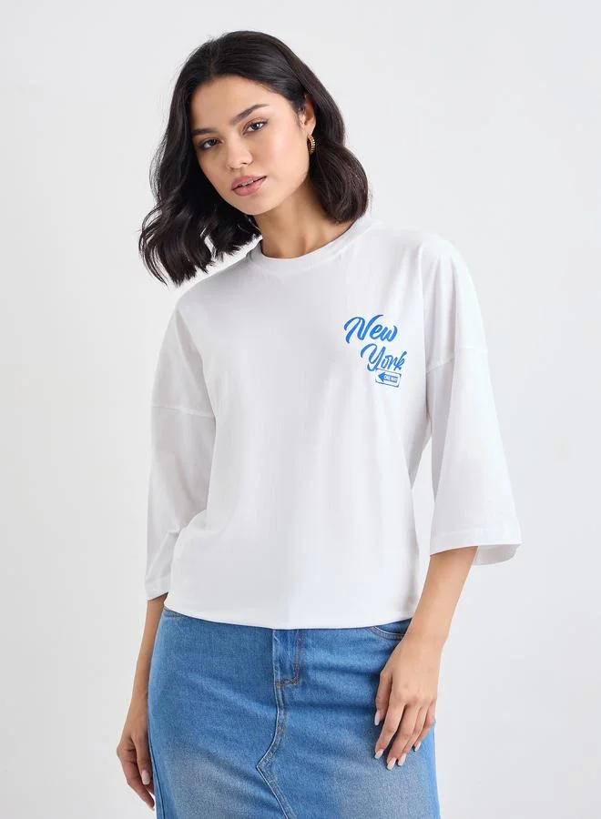 Styli Slogan Print Exaggerated Shoulder T-Shirt