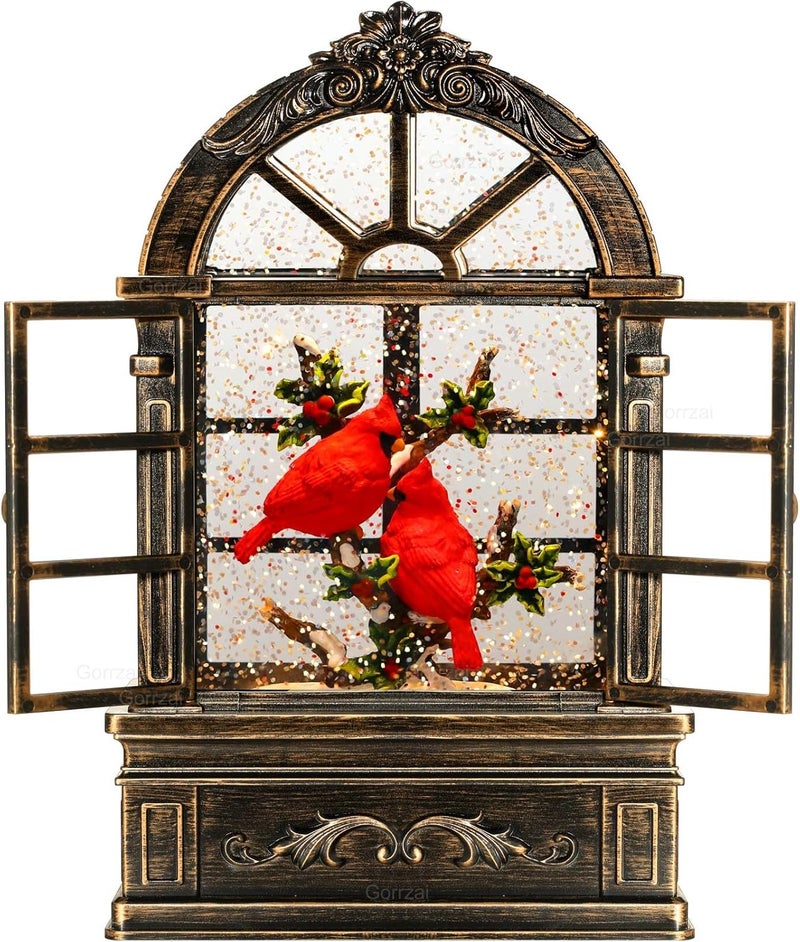 Gorrzai Cardinal Snow Globe Lantern Christmas Snow Globes Arched Window Shape Christmas Decorations Indoor for Home Timer Christmas Music Box, USB and Battery Powered - Image 1