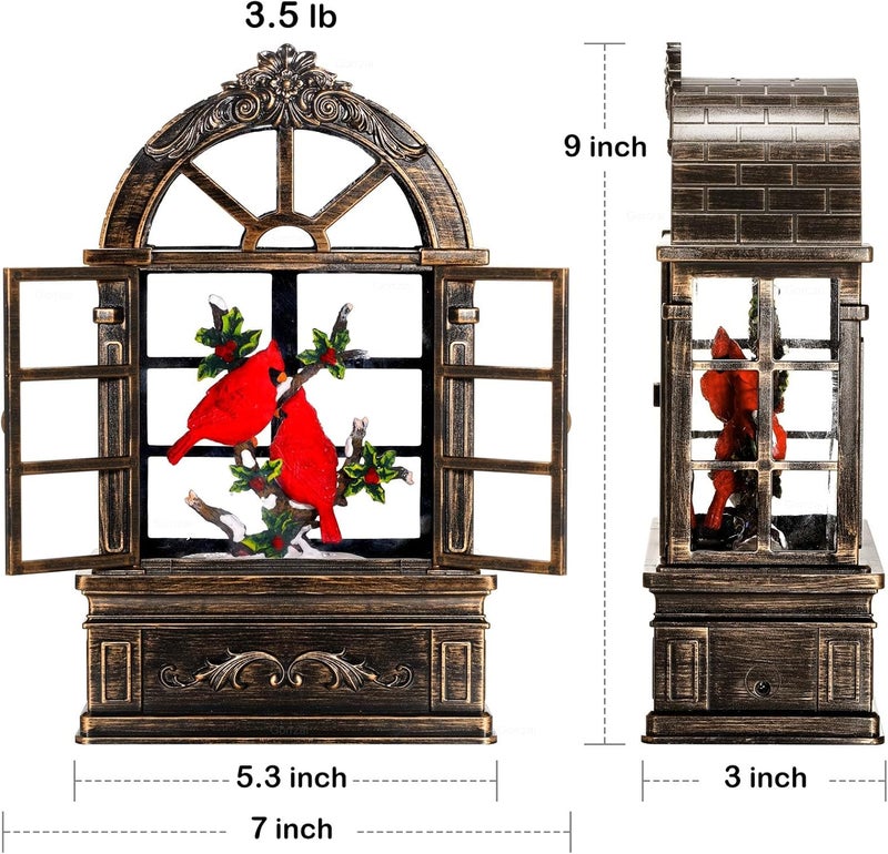 Gorrzai Cardinal Snow Globe Lantern Christmas Snow Globes Arched Window Shape Christmas Decorations Indoor for Home Timer Christmas Music Box, USB and Battery Powered - Image 5