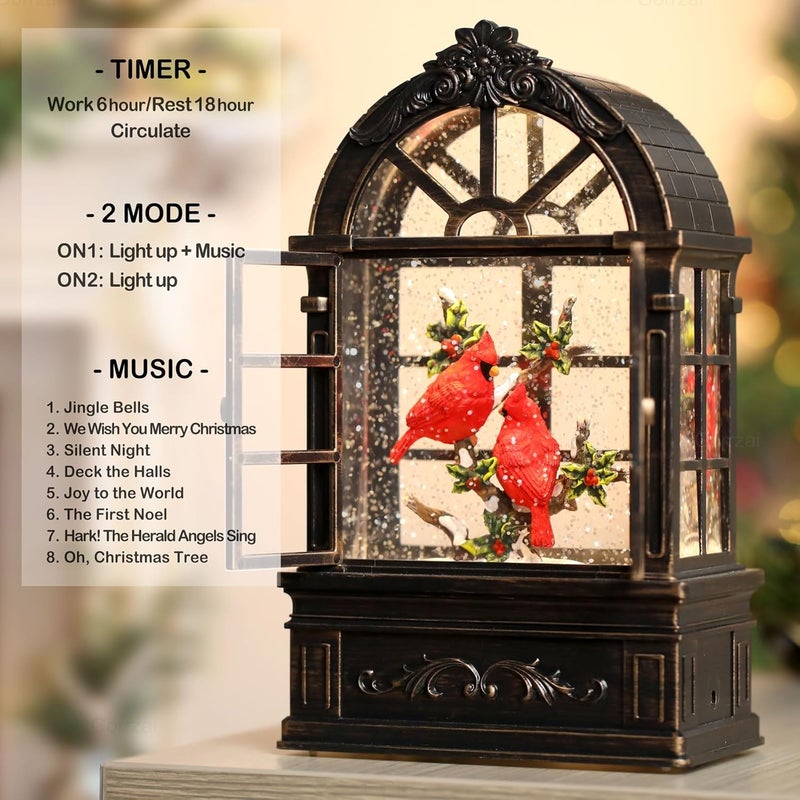 Gorrzai Cardinal Snow Globe Lantern Christmas Snow Globes Arched Window Shape Christmas Decorations Indoor for Home Timer Christmas Music Box, USB and Battery Powered - Image 4