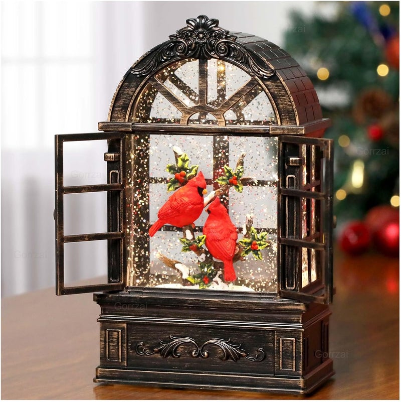 Gorrzai Cardinal Snow Globe Lantern Christmas Snow Globes Arched Window Shape Christmas Decorations Indoor for Home Timer Christmas Music Box, USB and Battery Powered - Image 2