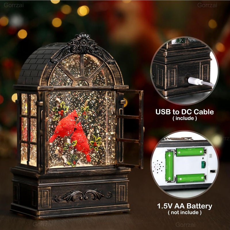 Gorrzai Cardinal Snow Globe Lantern Christmas Snow Globes Arched Window Shape Christmas Decorations Indoor for Home Timer Christmas Music Box, USB and Battery Powered - Image 3