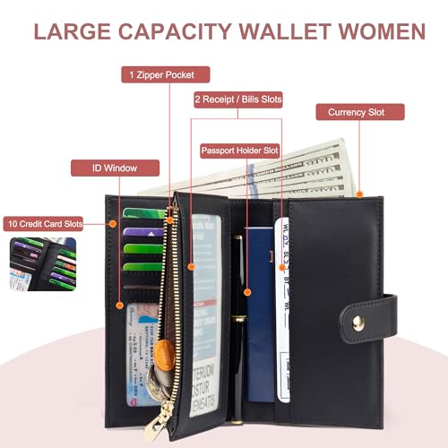 yiijay Wallet Women RFID Blocking Leather Trifold Clutch Wallet Credit Card Holder Ladies Travel Wallet Purse with Pen Holder - Image 2