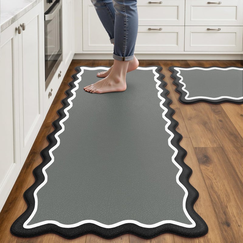 Arenarug Scalloped Black Gray Kitchen Mats Rugs Sets of 2 Cushioned Anti Fatigue Floor Mat Waterproof Kitchen Rugs Non Slip Foam Comfort Standing Mat for Sink Laundry - Image 1