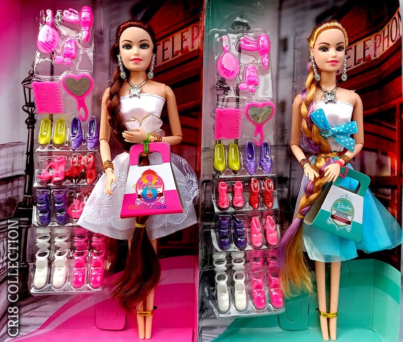 CR18 COLLECTION Fashion Trending Pack Of 2 Combo Movable Doll Set With Foldable Hands & Legs Fashion Doll House Set For Girls - Image 1
