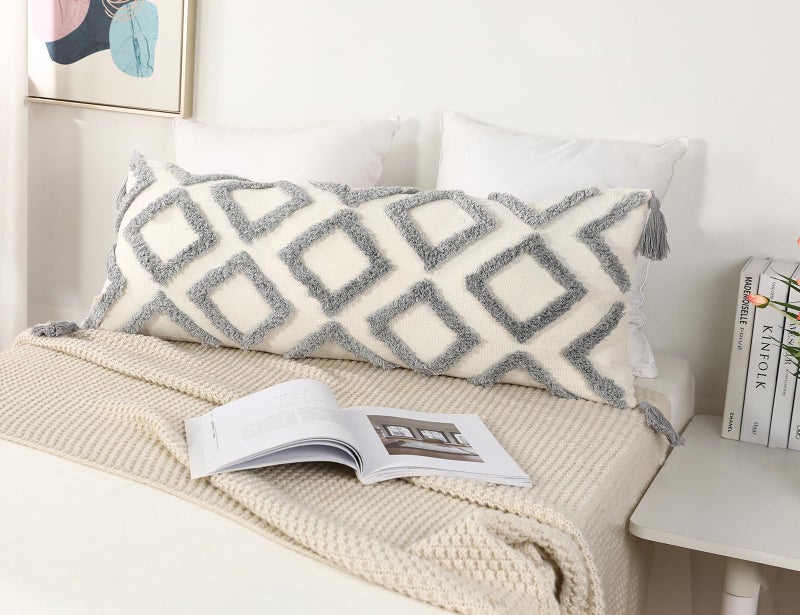 PANOD Decorative Long Lumbar Pillow Cover 12x32 Boho Super Soft Chenille Extra Long Lumbar Pillow Case Cover with Tassel for Bed Sofa Couch Farmhouse Livingroom Grey Modern Skinny - Image 3