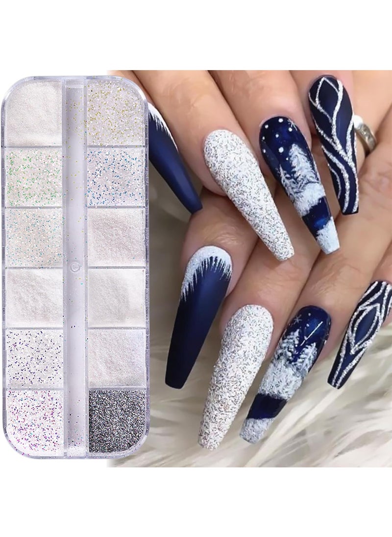 BASEMMAHER Superfine White Sugar Sandy Nail Glitter Powder Diamond Dust Shining Pigment Sugar Effect Candy Coat Glitter Dipping Powder for Christmas Snowflake Nails Design Winter Manicure Decorations 