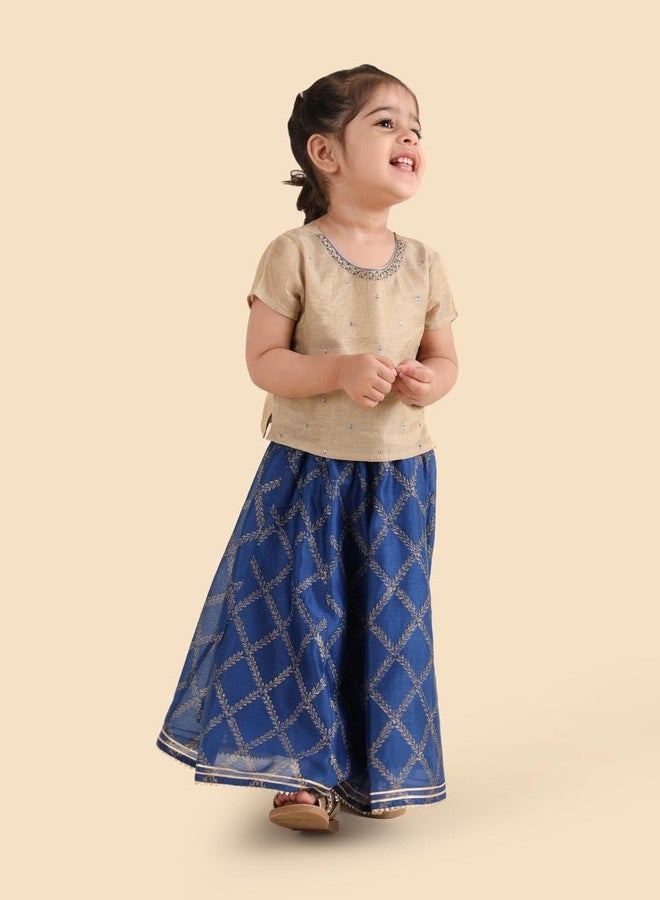Fabindia Blue Cotton Silk Blend Hand Block Printed Lehenga & Choli Set - Image 3