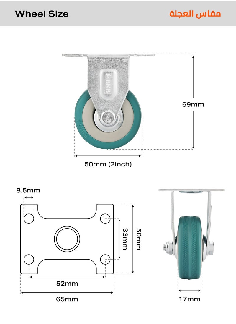BMB tools - BMB TOOLS 50mm Caster Wheels Set of 4 Heavy Duty, Rigid Casters Top Plate Fitting, Non Marking Grey Rubber Fixed Caster Wheels for Cart Furniture Industrial Use - Image 1