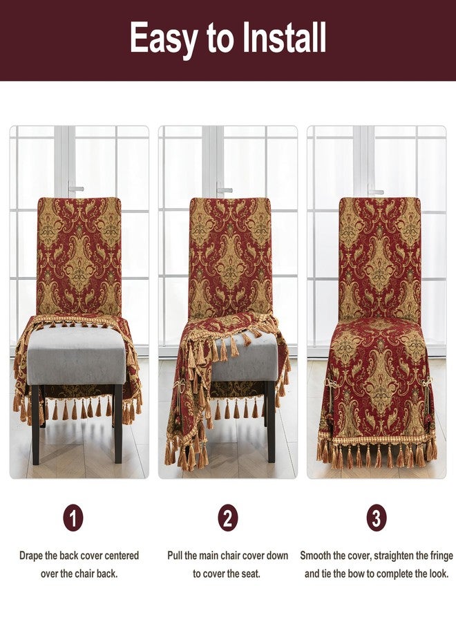 Loom and Mill غطاء كرسي طعام فاخر من قطعة واحدة من لوم آند ميل، أغطية كراسي بارسونز الكلاسيكية بنقشة الجاكار الدمشقي مع شرابات وربطات، واقي أثاث كامل غير قابل للانزلاق لحفلات أعياد الميلاد (أحمر) - Image 5