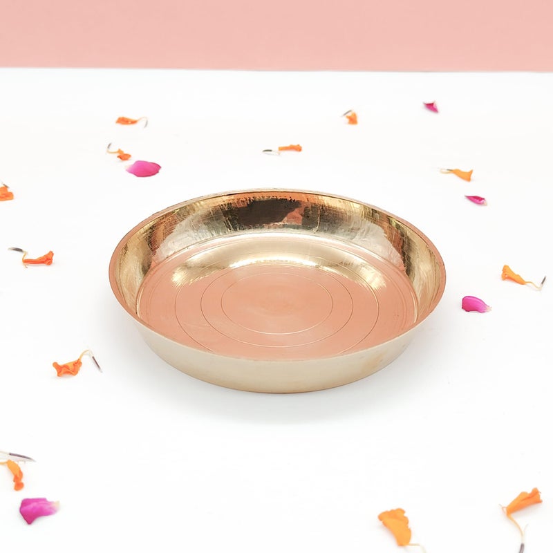 DOKCHAN Brass Plain Design Heavy Plate for Store kumkum, haldi, akshat, Prashad/Heavy Small thali for Pooja Purpose Round Shape Plate (Size - 9.5cm | Pack of 1) - Image 5