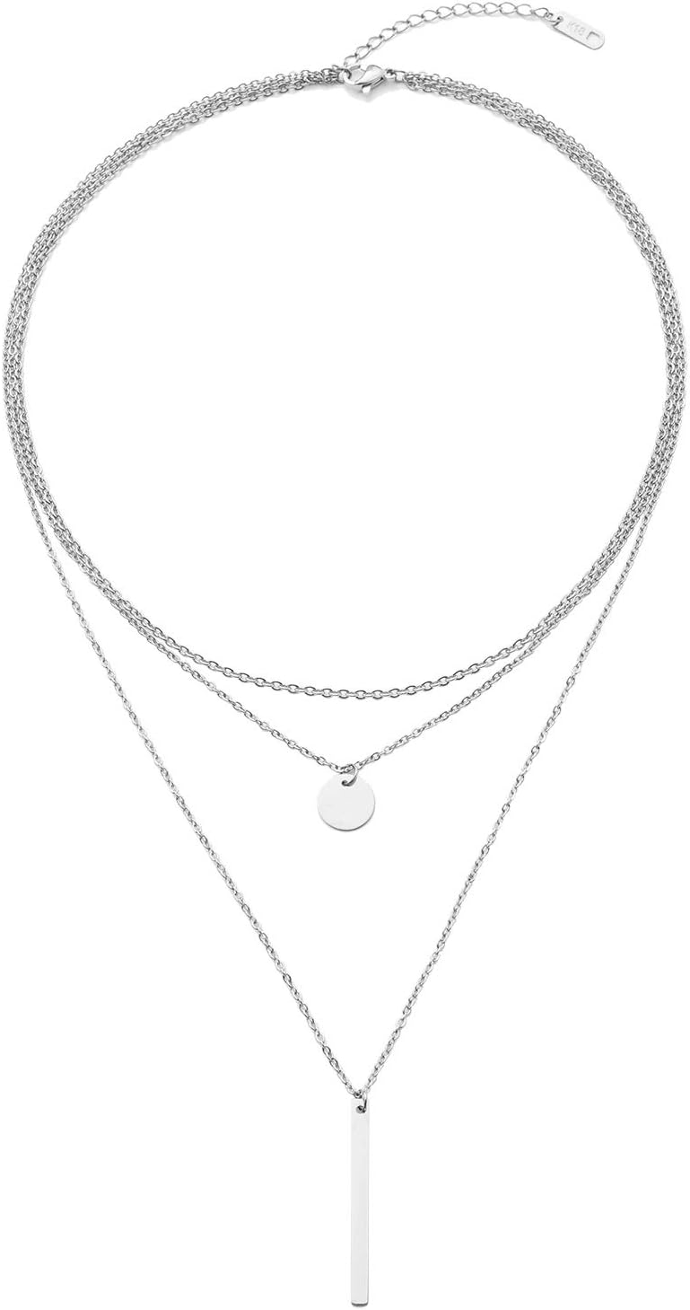 LETTARIUS Disc Bar Pendant Layering Necklace Stainless Steel Layered Chain Choker - Image 1