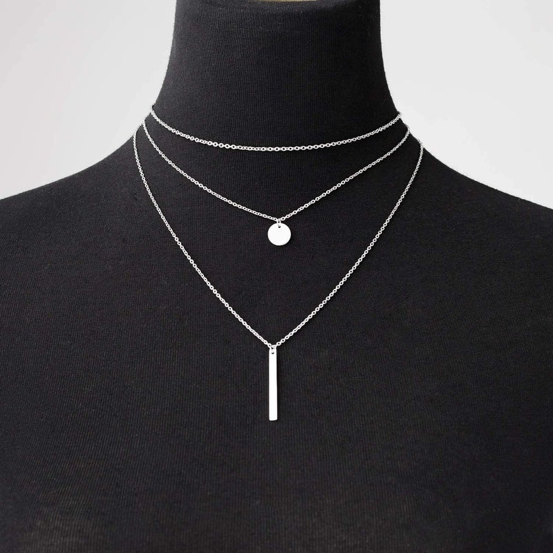 LETTARIUS Disc Bar Pendant Layering Necklace Stainless Steel Layered Chain Choker - Image 2