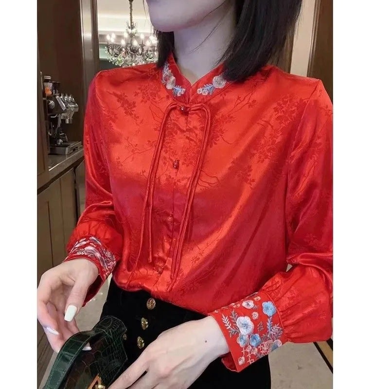 Womens 2024 Spring and Autumn New Chinese-style Coat Button National Style Fashion Jacquard Top Niche Elegant Collar High-grade Shirt J#C25 Red