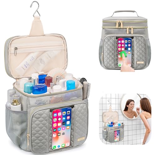 Tealari Large Leather Toiletry Bag for Women MenBathroom BagWater Resistant Shower BagMakeup BagPortable Shower Caddy for College DormHanging Travel Toiletry Bag with Transparent Waterproof Phone Pocket - Image 3