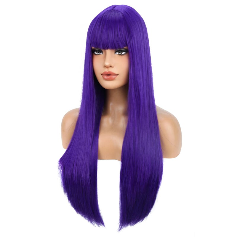 BERON Dark Purple Wigs Straight Long Hair Wigs with Bangs Women Fashion Heat Resistant Synthetic Natural Looking Wig for Cosplay Party or Daily Use