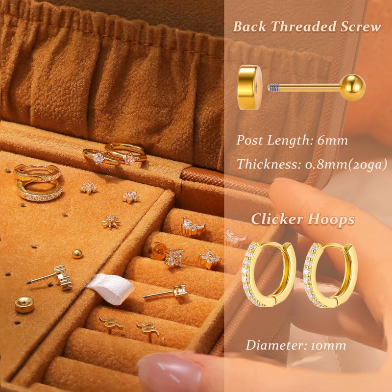 KRFY Flat Back Stud Earrings - 17 Pairs 18K Gold Plated Surgical Steel Stud Earrings For Women Hypoallergenic Hoop Earrings Tiny Screw Back Cartilage Earring Set For Multiple Piercing - Image 2