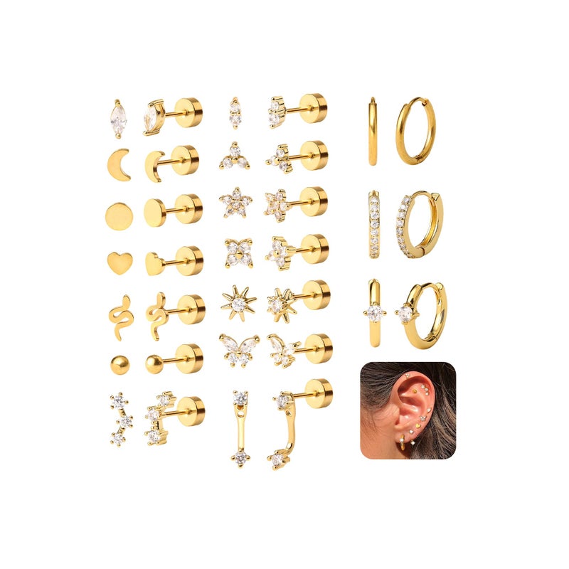 KRFY Flat Back Stud Earrings - 17 Pairs 18K Gold Plated Surgical Steel Stud Earrings For Women Hypoallergenic Hoop Earrings Tiny Screw Back Cartilage Earring Set For Multiple Piercing - Image 1
