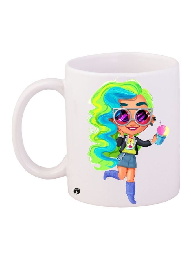 RYN Cartoon Girl Printed Coffee Mug White/Green/Blue 11ounce