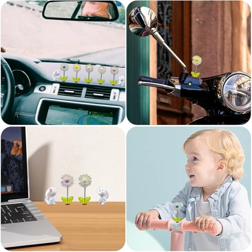Kurilai 7Pcs Cute Sunflower Car Rear View Mirror Accessories, Funny Bunny Resin Car Ornament, Shaking Spring Double-sided Flower Dashboard Decorations, Exquisite Interior Decor for Home Garden Computer Desk - Image 5