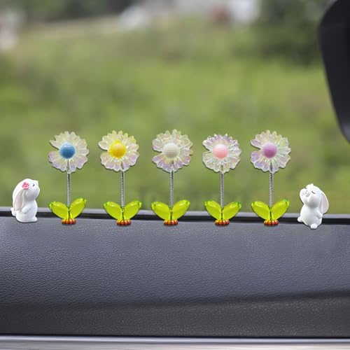 Kurilai 7Pcs Cute Sunflower Car Rear View Mirror Accessories, Funny Bunny Resin Car Ornament, Shaking Spring Double-sided Flower Dashboard Decorations, Exquisite Interior Decor for Home Garden Computer Desk - Image 4