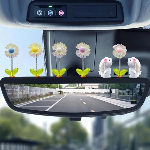 Kurilai 7Pcs Cute Sunflower Car Rear View Mirror Accessories, Funny Bunny Resin Car Ornament, Shaking Spring Double-sided Flower Dashboard Decorations, Exquisite Interior Decor for Home Garden Computer Desk - Image 2