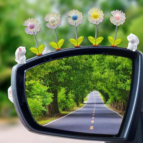 Kurilai 7Pcs Cute Sunflower Car Rear View Mirror Accessories, Funny Bunny Resin Car Ornament, Shaking Spring Double-sided Flower Dashboard Decorations, Exquisite Interior Decor for Home Garden Computer Desk - Image 1