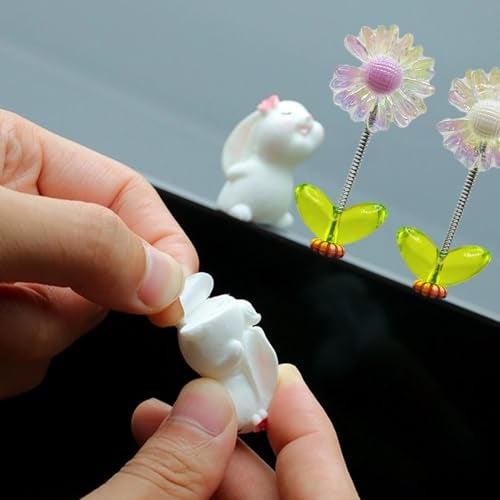 Kurilai 7Pcs Cute Sunflower Car Rear View Mirror Accessories, Funny Bunny Resin Car Ornament, Shaking Spring Double-sided Flower Dashboard Decorations, Exquisite Interior Decor for Home Garden Computer Desk - Image 3