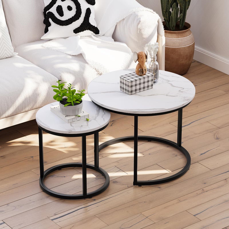 Smuxee White Nesting Coffee Table Set of 2, 23.6" Round Coffee Table Wood Grain Top with Adjustable Non-Slip Feet, Industrial End Table Side Tables for Living Room Bedroom Balcony Yard - Image 1