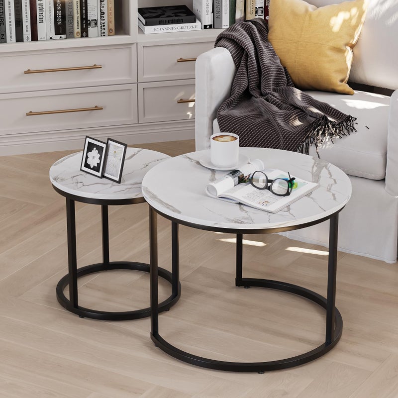 Smuxee White Nesting Coffee Table Set of 2, 23.6" Round Coffee Table Wood Grain Top with Adjustable Non-Slip Feet, Industrial End Table Side Tables for Living Room Bedroom Balcony Yard - Image 2