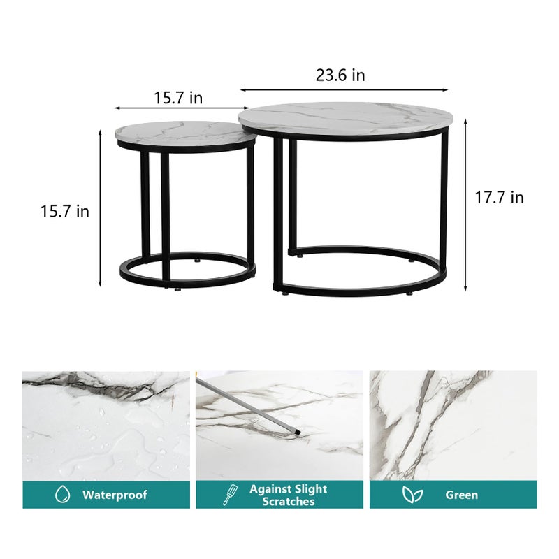 Smuxee White Nesting Coffee Table Set of 2, 23.6" Round Coffee Table Wood Grain Top with Adjustable Non-Slip Feet, Industrial End Table Side Tables for Living Room Bedroom Balcony Yard - Image 4