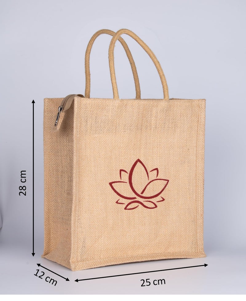 Soman Jute Ecofriendly Return Gift Bags Lotus Printed with Zip Natural Pack of 10 Bags - Image 2