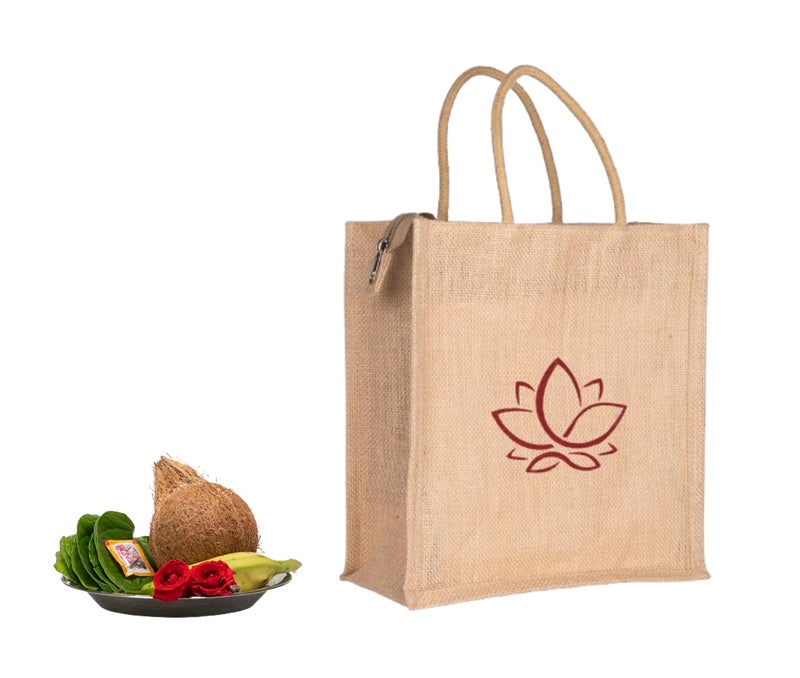 Soman Jute Ecofriendly Return Gift Bags Lotus Printed with Zip Natural Pack of 10 Bags - Image 4