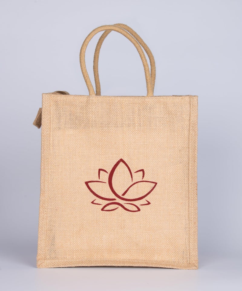 Soman Jute Ecofriendly Return Gift Bags Lotus Printed with Zip Natural Pack of 10 Bags - Image 3