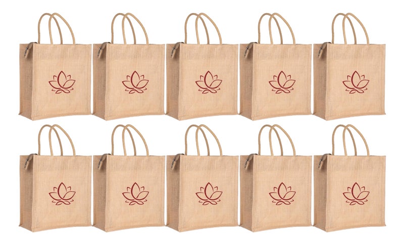 Soman Jute Ecofriendly Return Gift Bags Lotus Printed with Zip Natural Pack of 10 Bags - Image 1