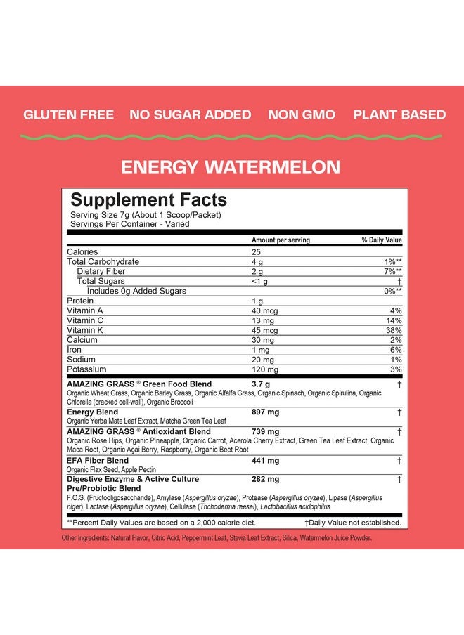 Amazing Grass - Green Superfood Energy: Super Greens Powder & Plant Based Smoothie Mix Caffeine With Matcha Green Tea & Beet Root Powder Watermelon 60 Servings - Image 1