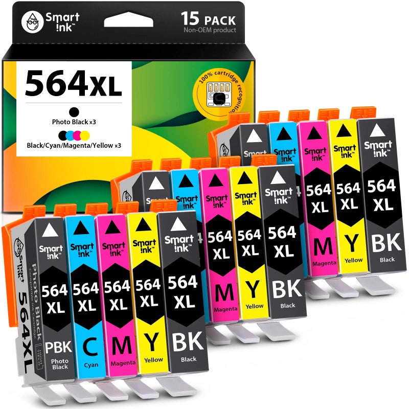 Smart Ink Compatible Ink Cartridge Replacement for HP 564 XL 564XL High Yield 15 Combo Pack 3 Black 3PBK 3 CMY for Photosmart 6525 6520 7520 5520 7510 5510 7525 DeskJet 3520 3522 OfficeJet 4620