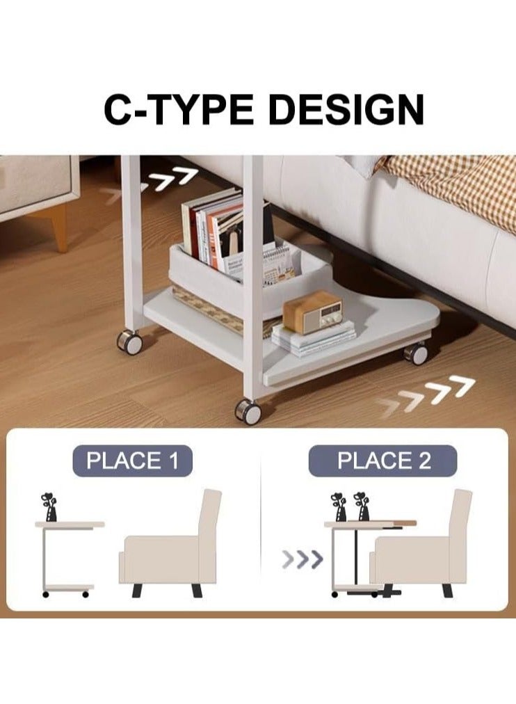 Hihonor Coffee Table, C Table With Wheels, Unique Shape, Double-layer Storage, For Living Room, Bedroom - White  - Image 5