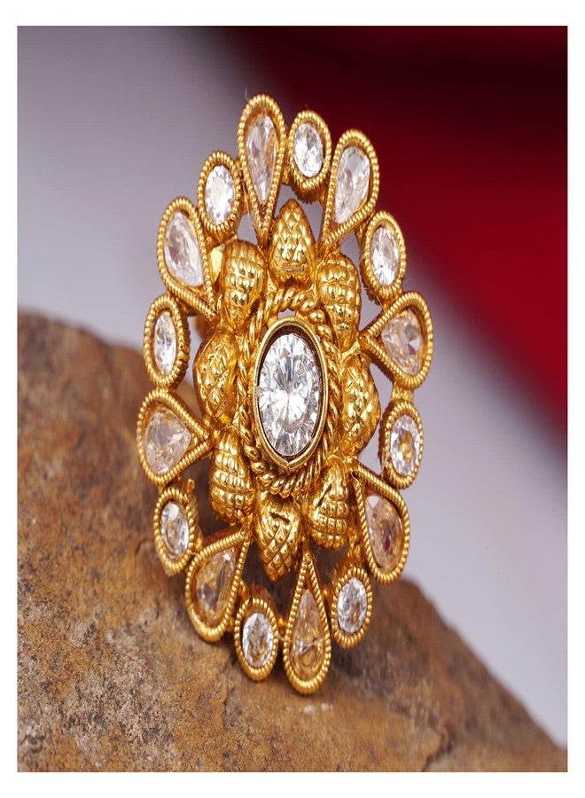 JFL - Jewellery for Less Traditional Floral Gold Plated & White Stone Studded Adjustable Finger Ring for Women & Girls.,Valentine - Image 4